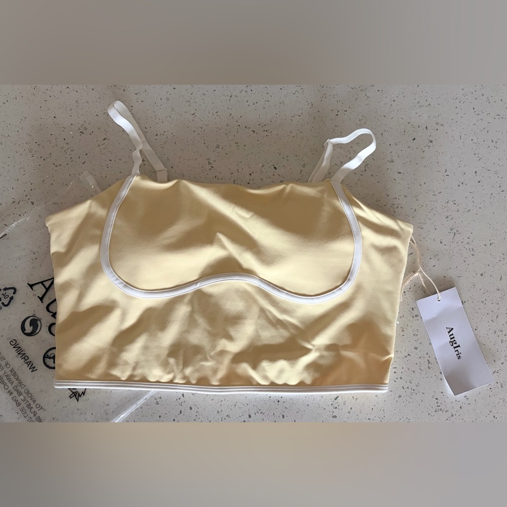 NWT Light Butter Yellow Cropped Yoga Workout Top White Trim